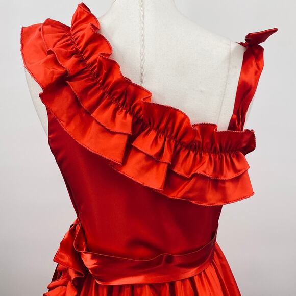 Vintage 70s Ruffled Gown Southern Belle Asymmetrical Neck Bow Waist Red 4 - Picture 11 of 11